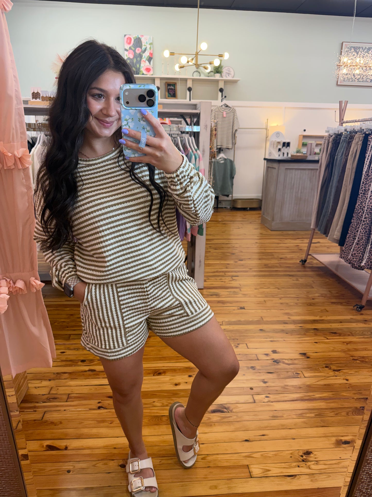 Brown Stripe Textured Knit Long Sleeve Short Set