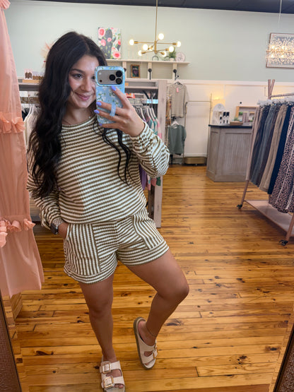 Brown Stripe Textured Knit Long Sleeve Short Set
