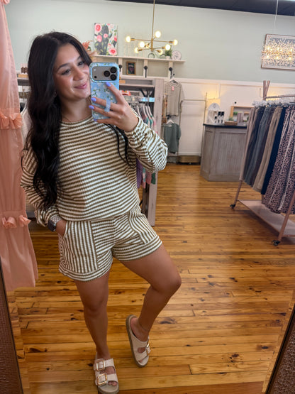 Brown Stripe Textured Knit Long Sleeve Short Set