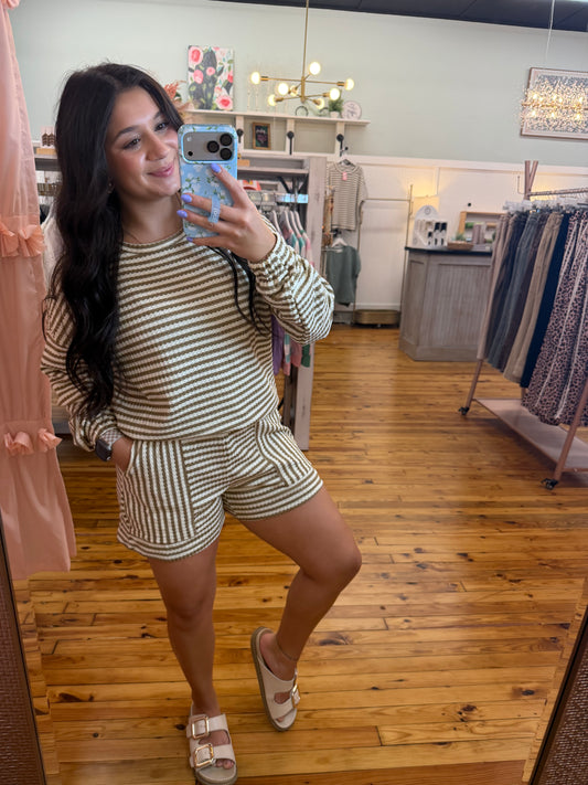 Brown Stripe Textured Knit Long Sleeve Short Set
