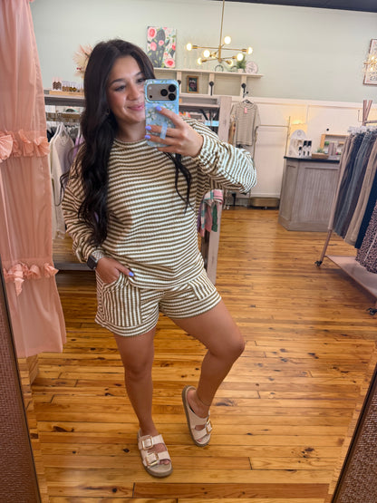 Brown Stripe Textured Knit Long Sleeve Short Set