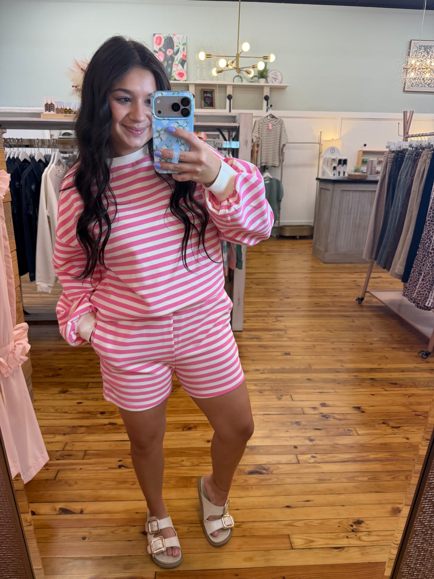 Pink Striped Long Sleeve Crew with Shorts