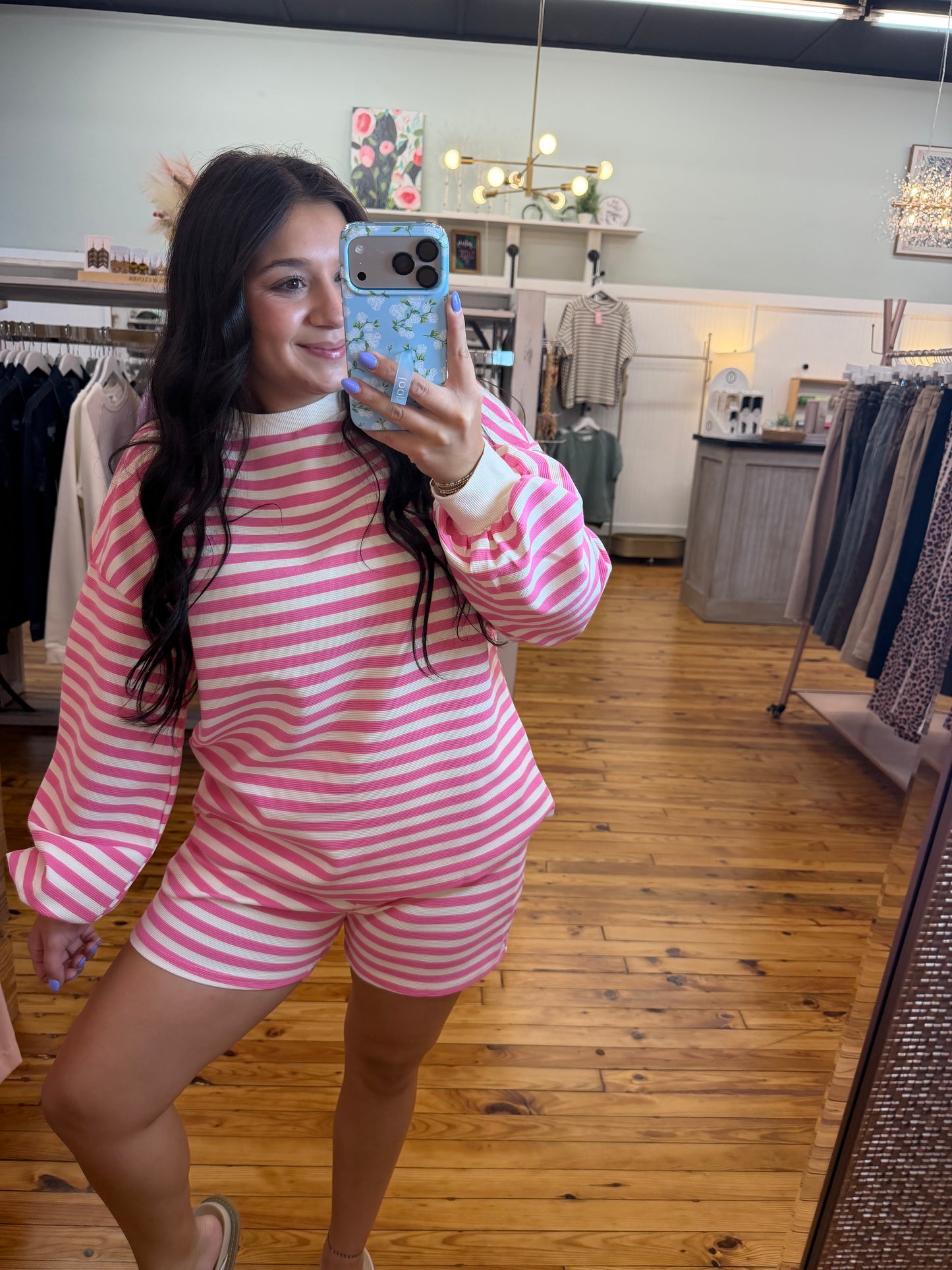 Pink Striped Long Sleeve Crew with Shorts