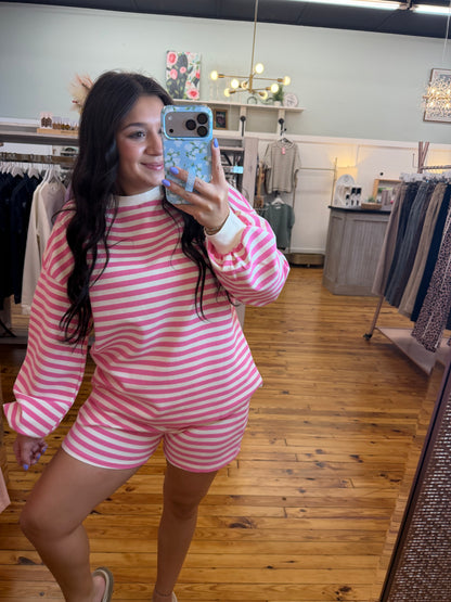 Pink Striped Long Sleeve Crew with Shorts