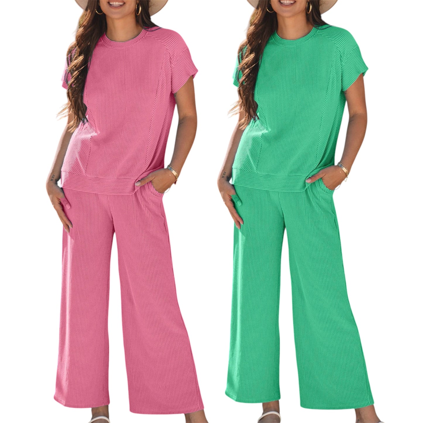Corded Knit Short Sleeve Pants Set