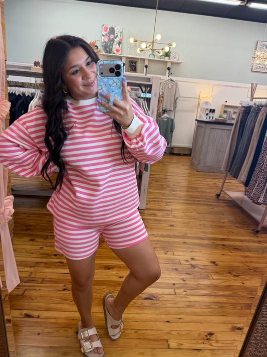 Pink Striped Long Sleeve Crew with Shorts