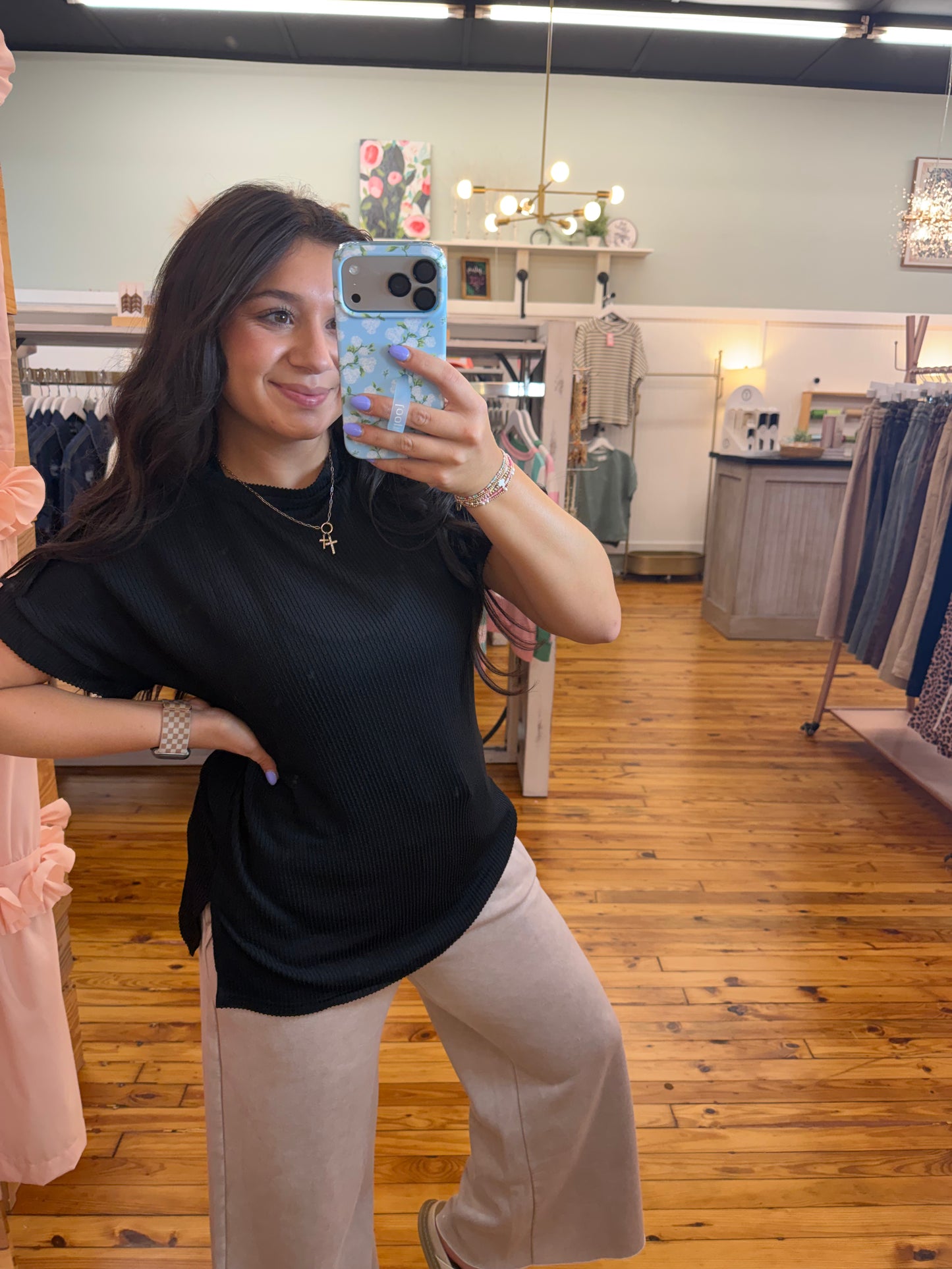 Crew Neck Exposed Seam Twist Detail Short Sleeve Loose Top