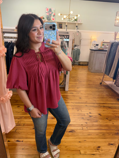 Puff Sleeve Pintuck Detail Woven Top(2 Colors)