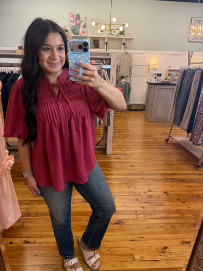 Puff Sleeve Pintuck Detail Woven Top(2 Colors)