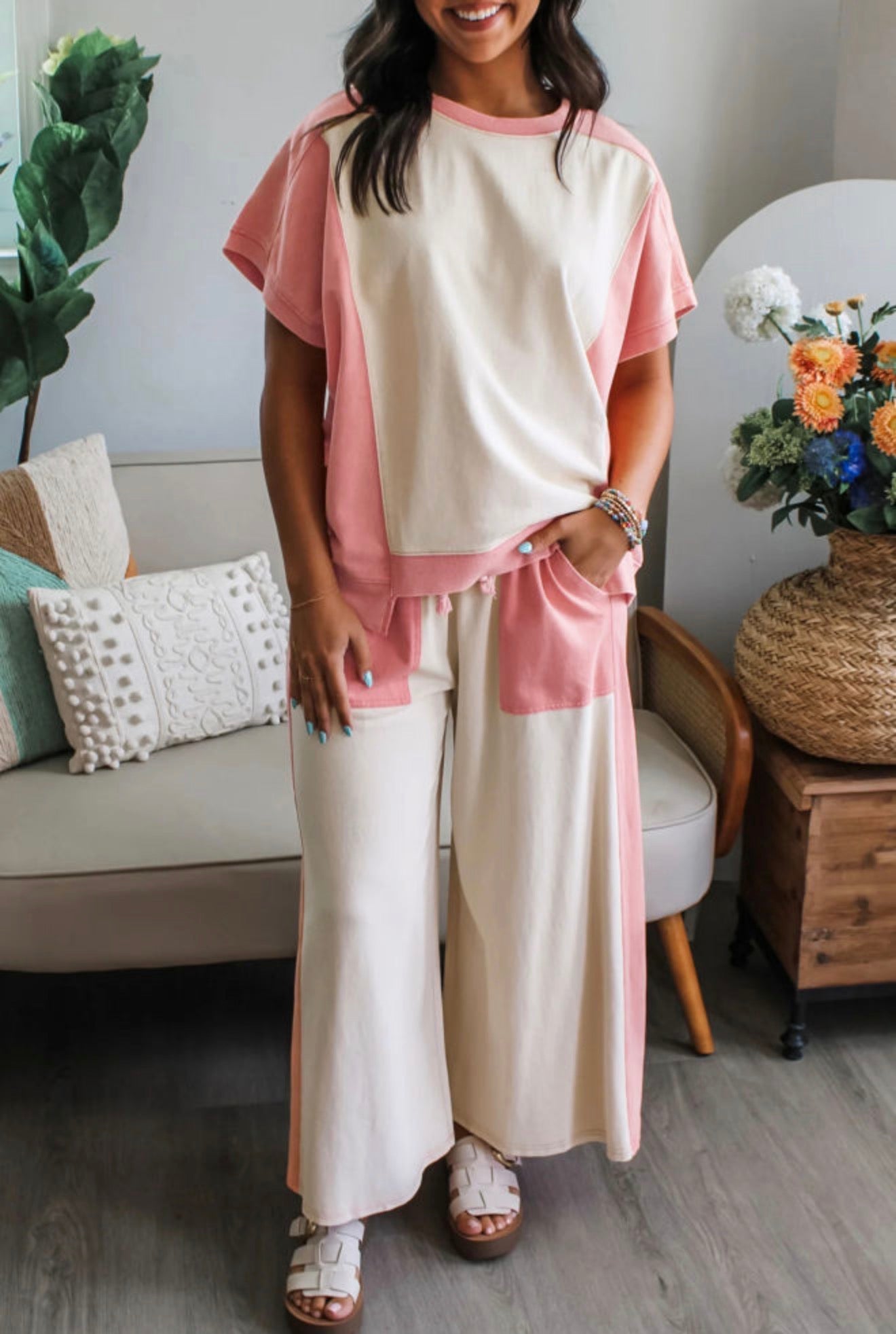 Two Tone Color Block Patchwork 2pc. Pants Set