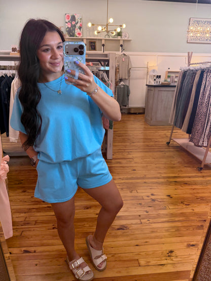 Light Blue Loose Top 2pc. Shorts Set