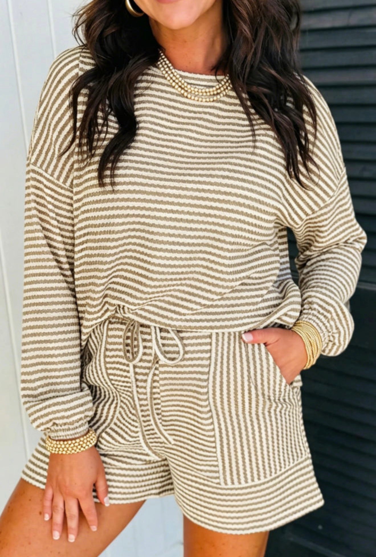 Brown Stripe Textured Knit Long Sleeve Short Set