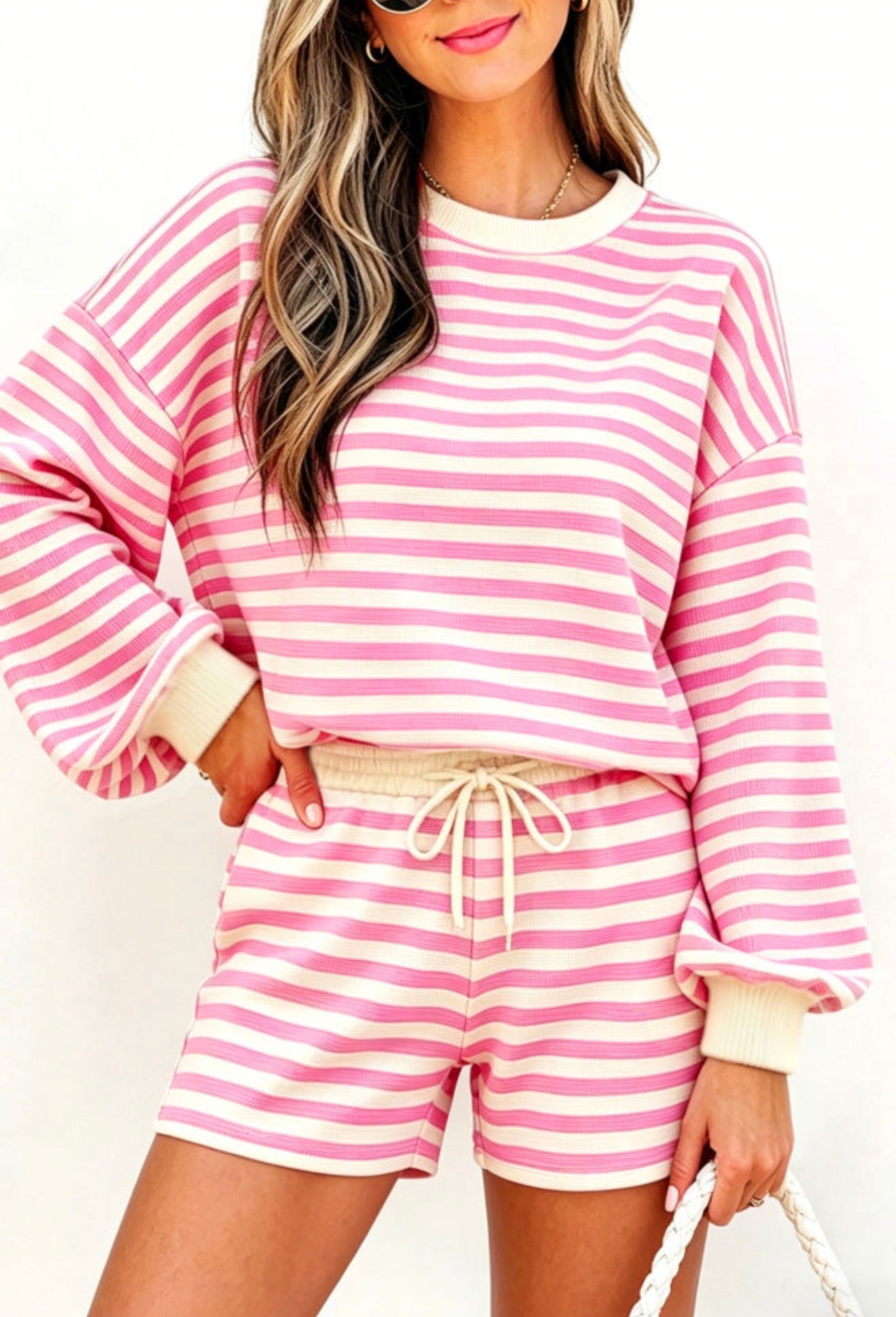 Pink Striped Long Sleeve Crew with Shorts