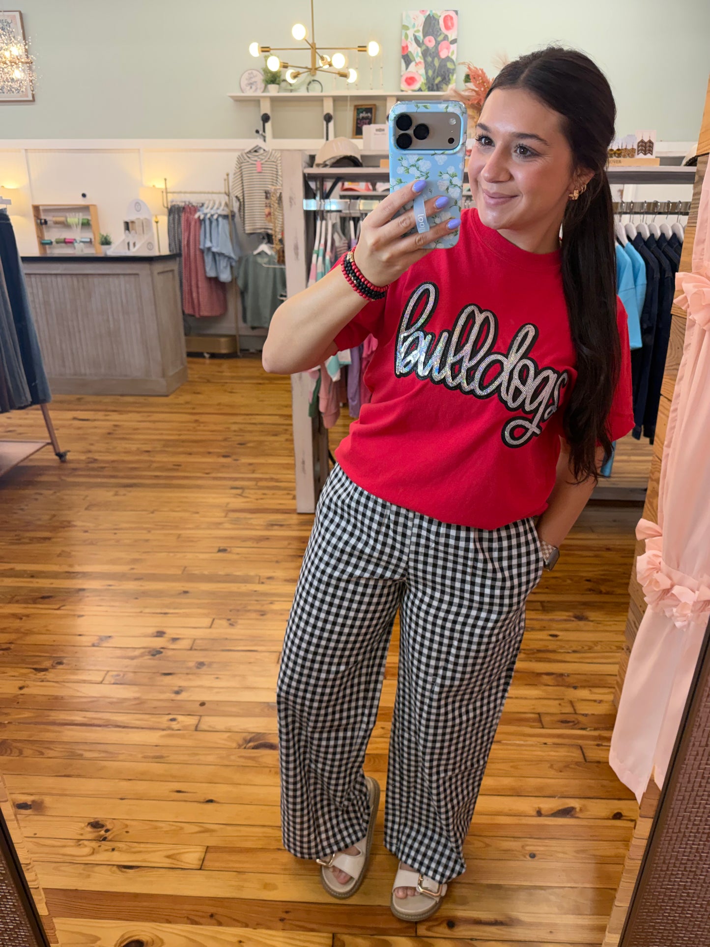 Gingham Smocked Waist Wide Leg Pants with Pockets