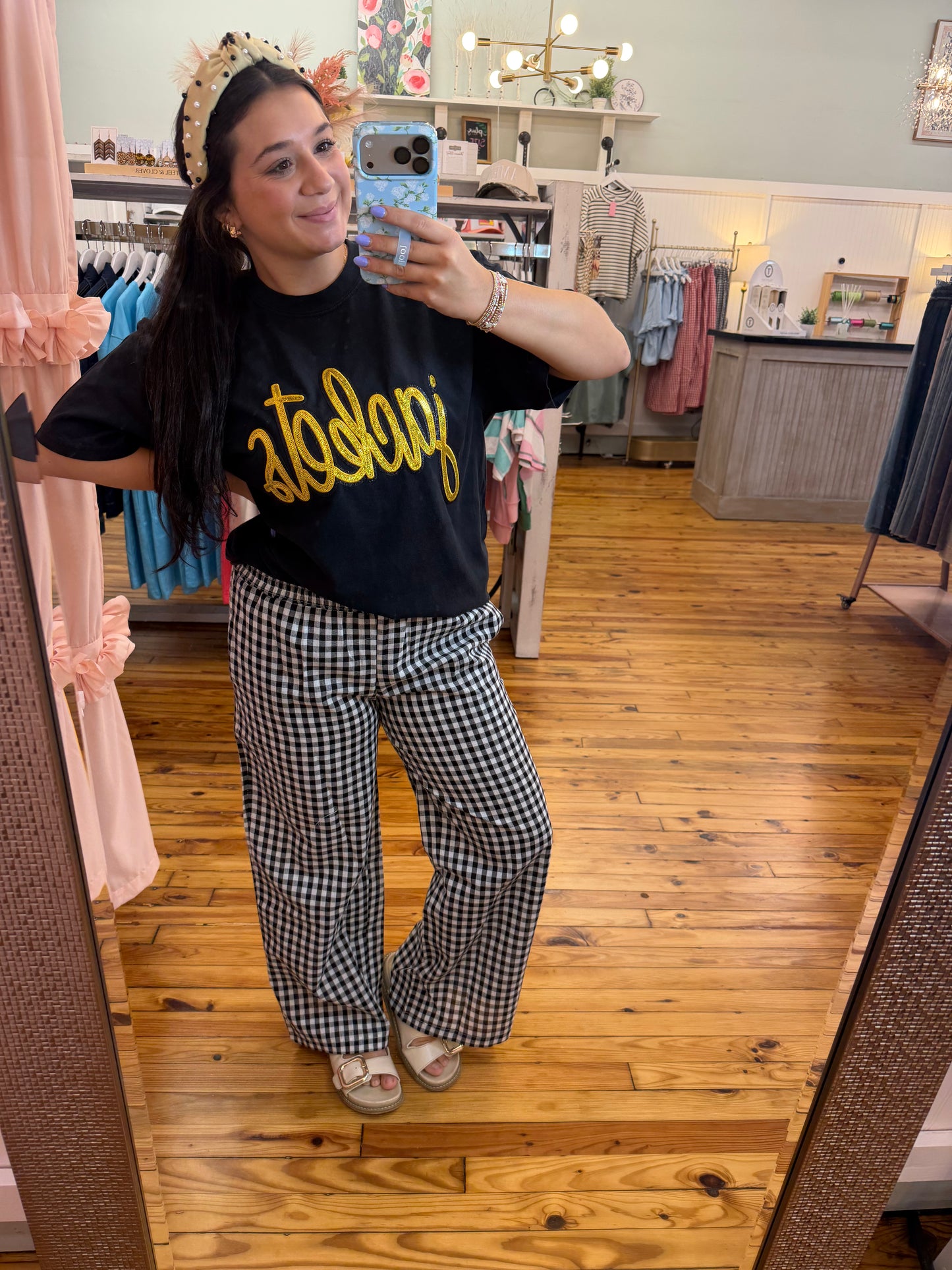 Gingham Smocked Waist Wide Leg Pants with Pockets