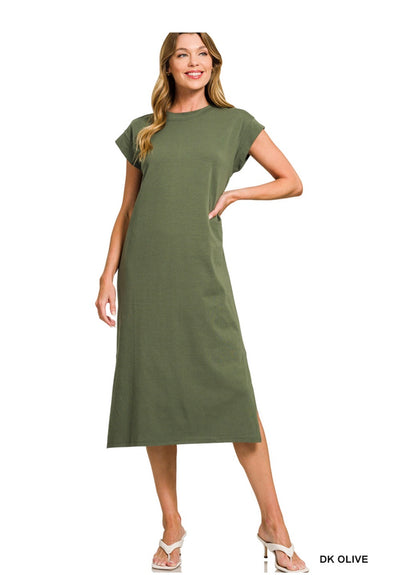Round Neck Short Sleeve MIDI Dress(2 Colors)