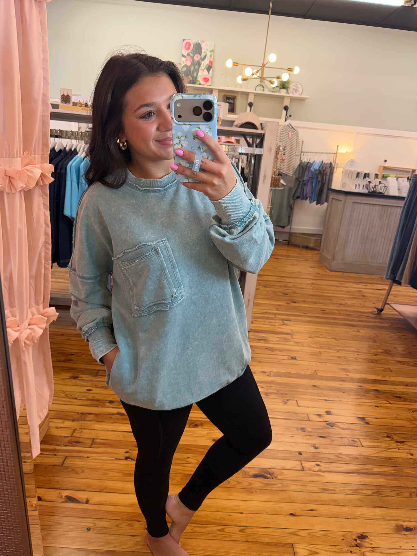 Acid wash raw edge front pocket pullover(Multiple Colors)