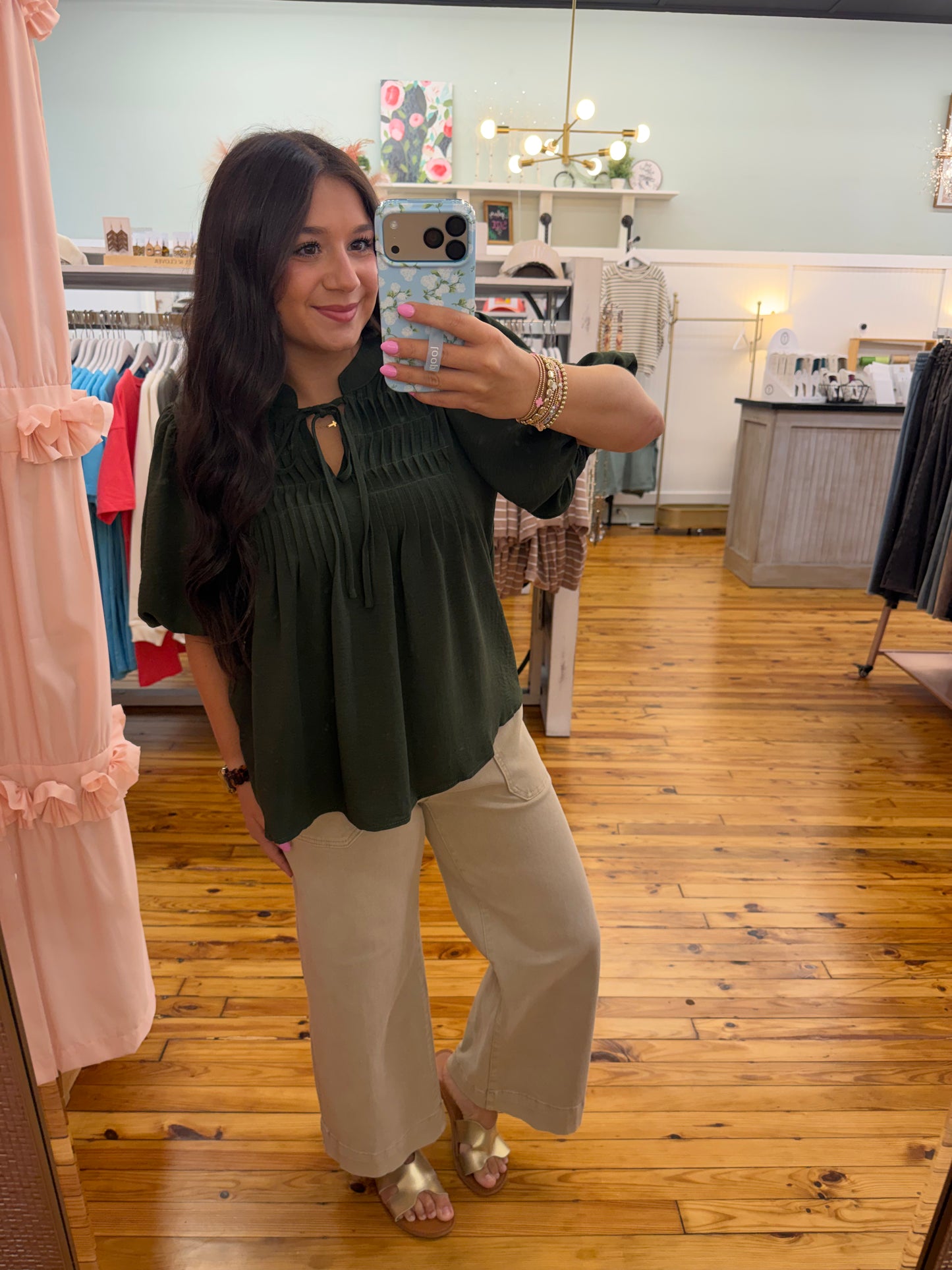 Puff Sleeve Pintuck Detail Woven Top(2 Colors)