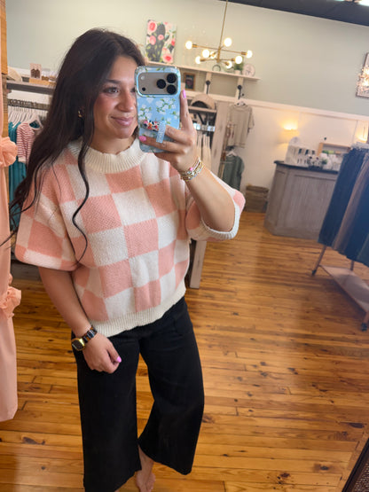 CHECK PATTERN SHORT PUFF SLEEVE SWEATER TOP