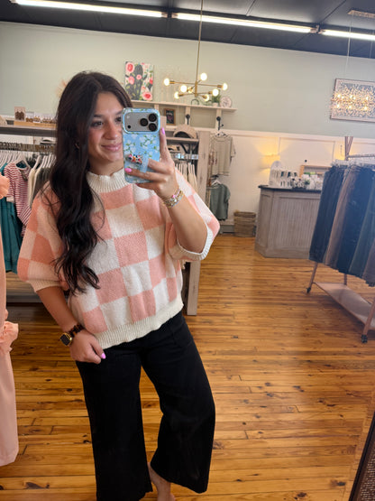 CHECK PATTERN SHORT PUFF SLEEVE SWEATER TOP