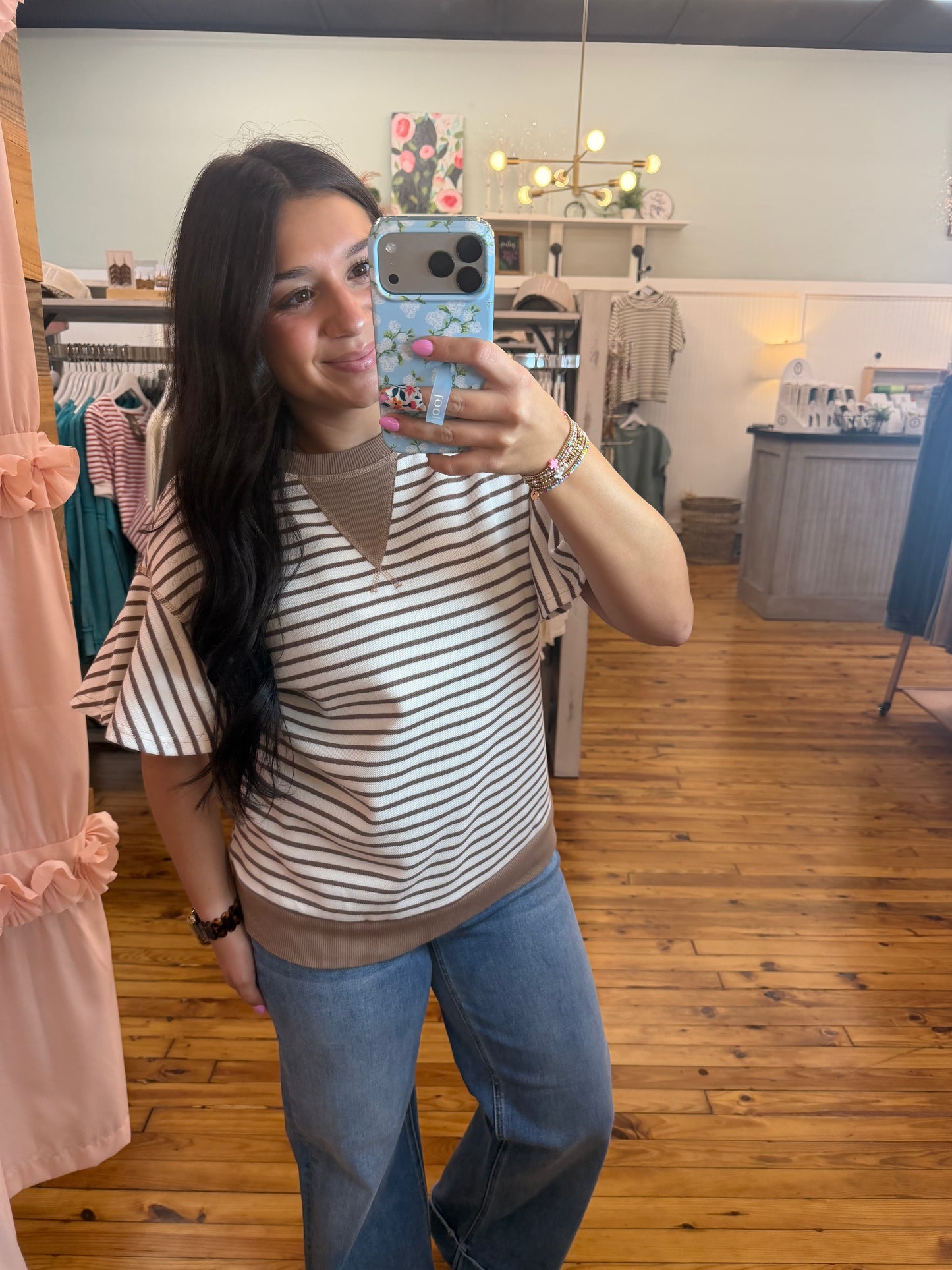 Detail Striped Ruffle Short Sleeve Top