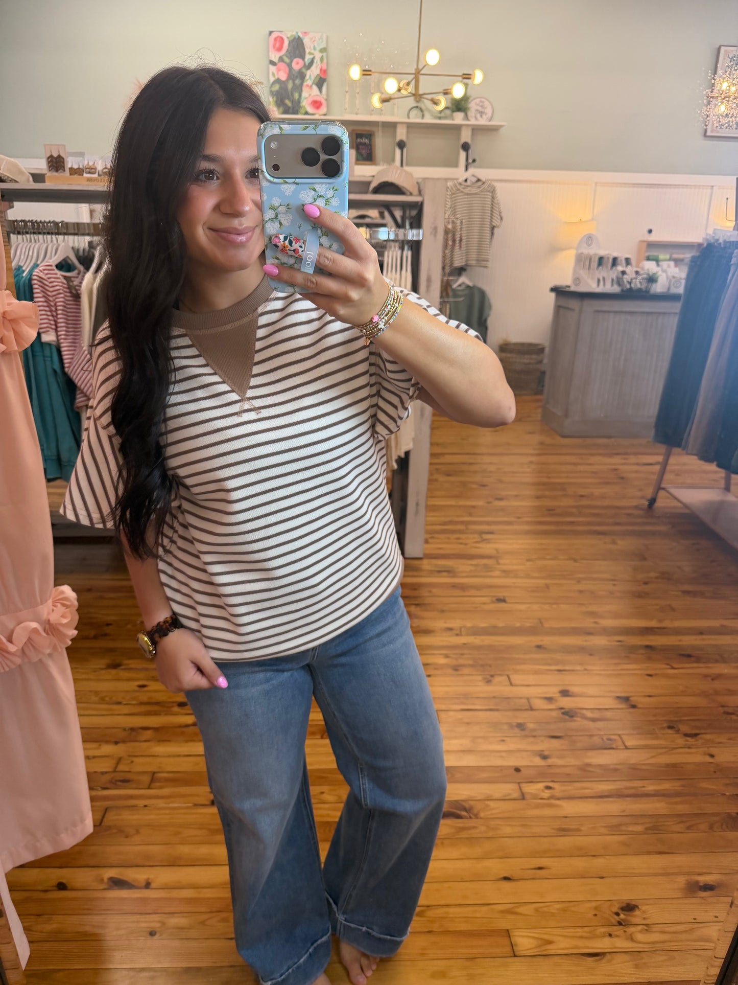 Detail Striped Ruffle Short Sleeve Top