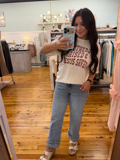 SOUTHERN RAISED & JESUS SAVED Mineral Washed Graphic Top