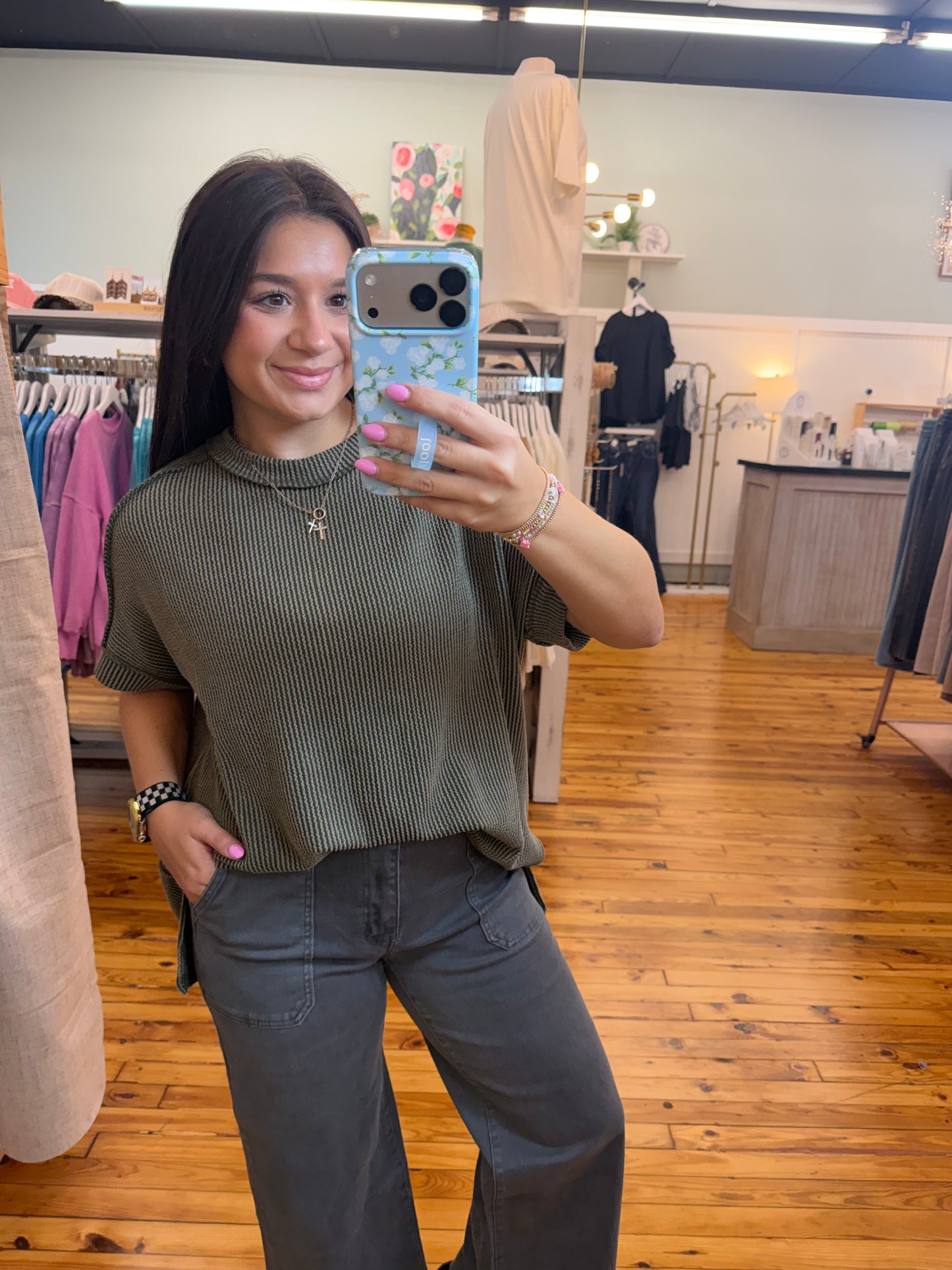 Raised Rib Cuff Sleeve Raw Edge Top(2 Colors)
