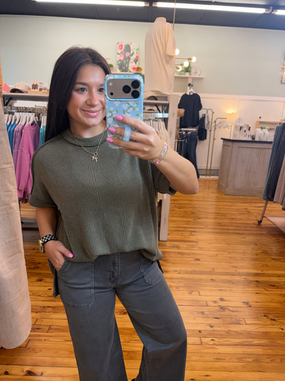 Raised Rib Cuff Sleeve Raw Edge Top(2 Colors)