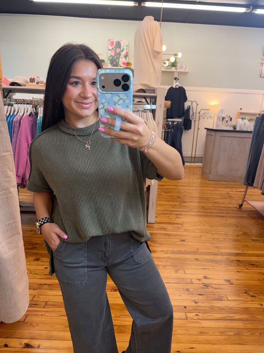 Raised Rib Cuff Sleeve Raw Edge Top(2 Colors)