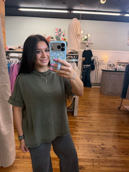 Raised Rib Cuff Sleeve Raw Edge Top(2 Colors)