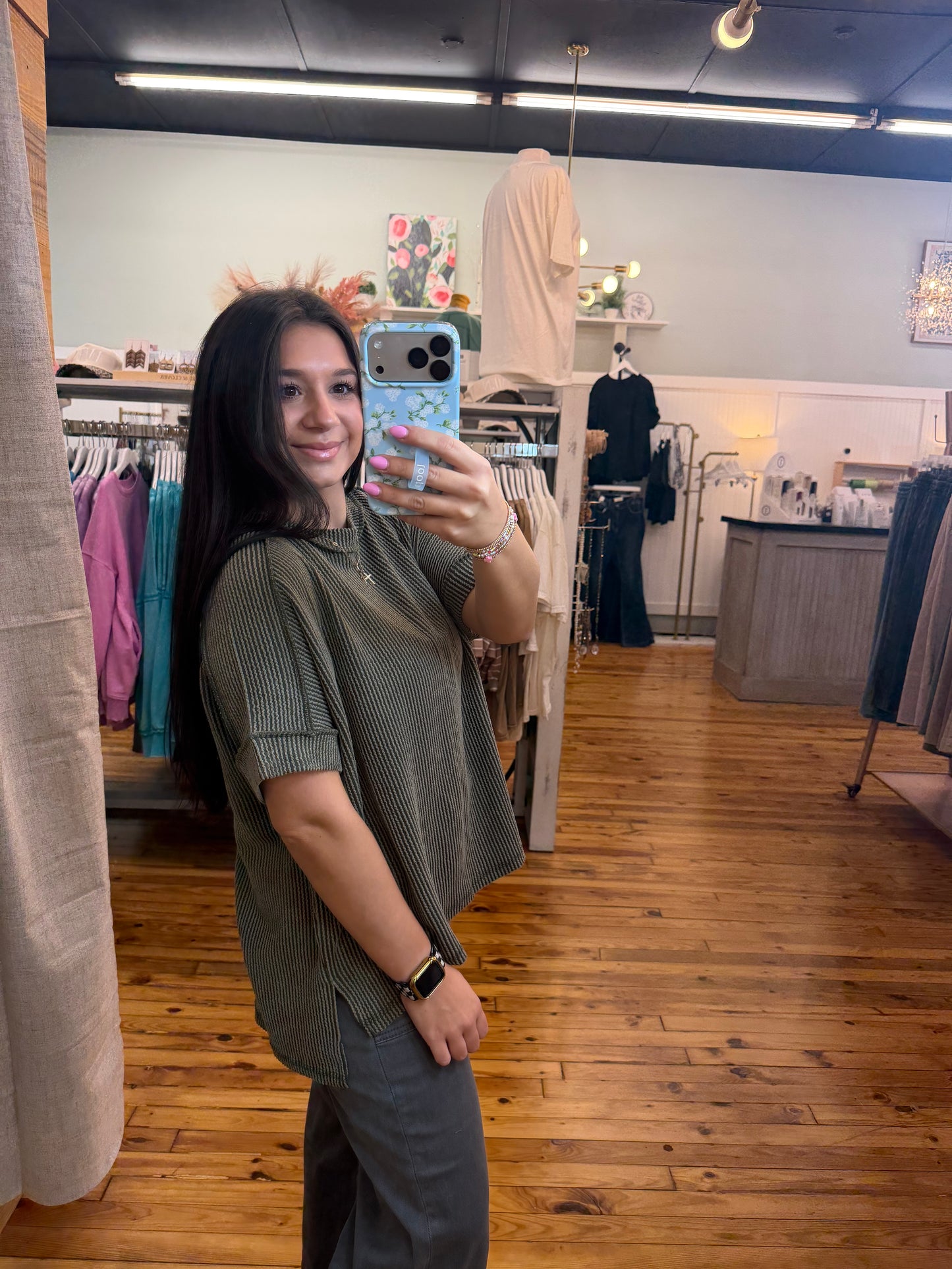 Raised Rib Cuff Sleeve Raw Edge Top(2 Colors)