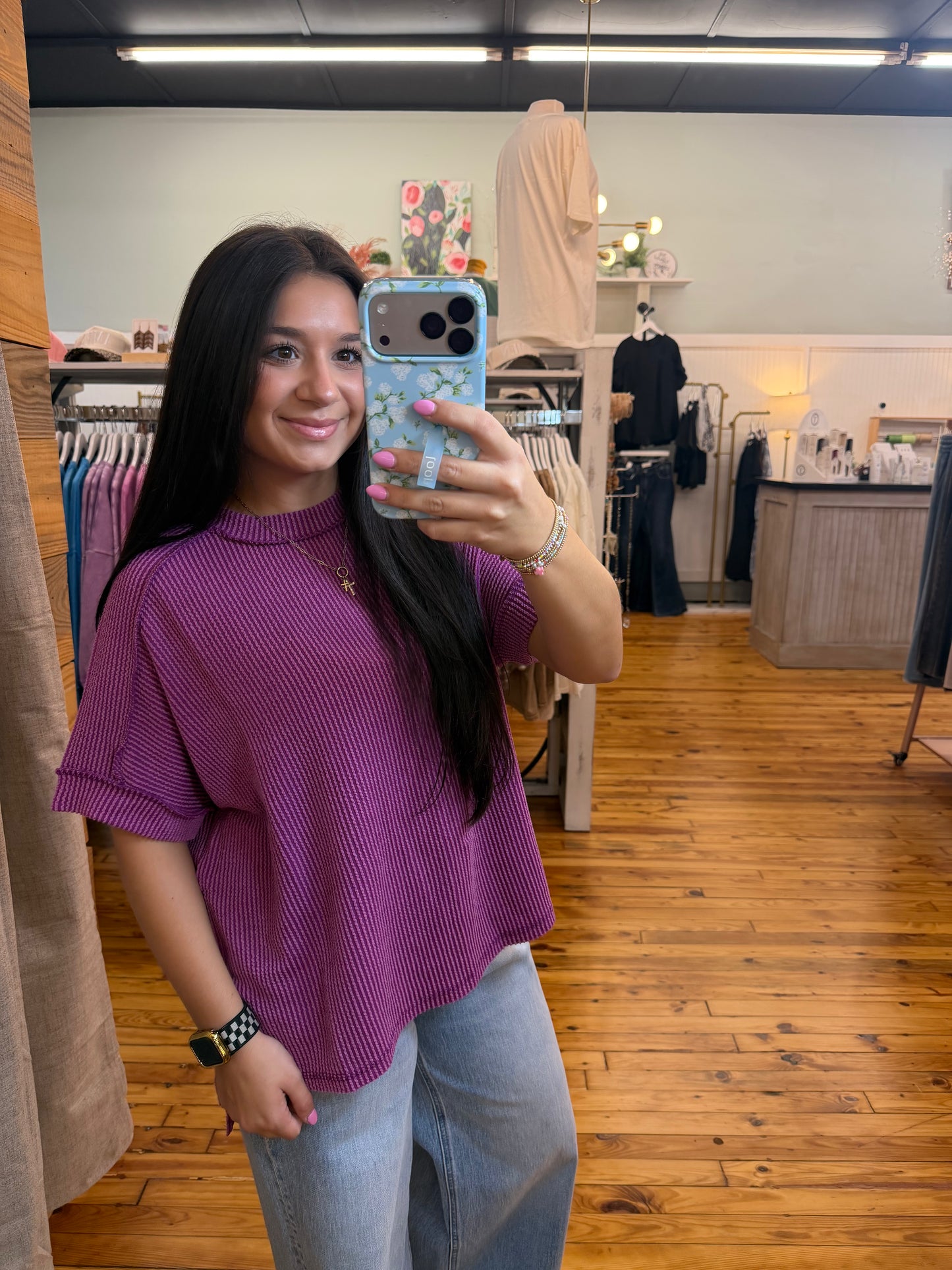 Raised Rib Cuff Sleeve Raw Edge Top(2 Colors)
