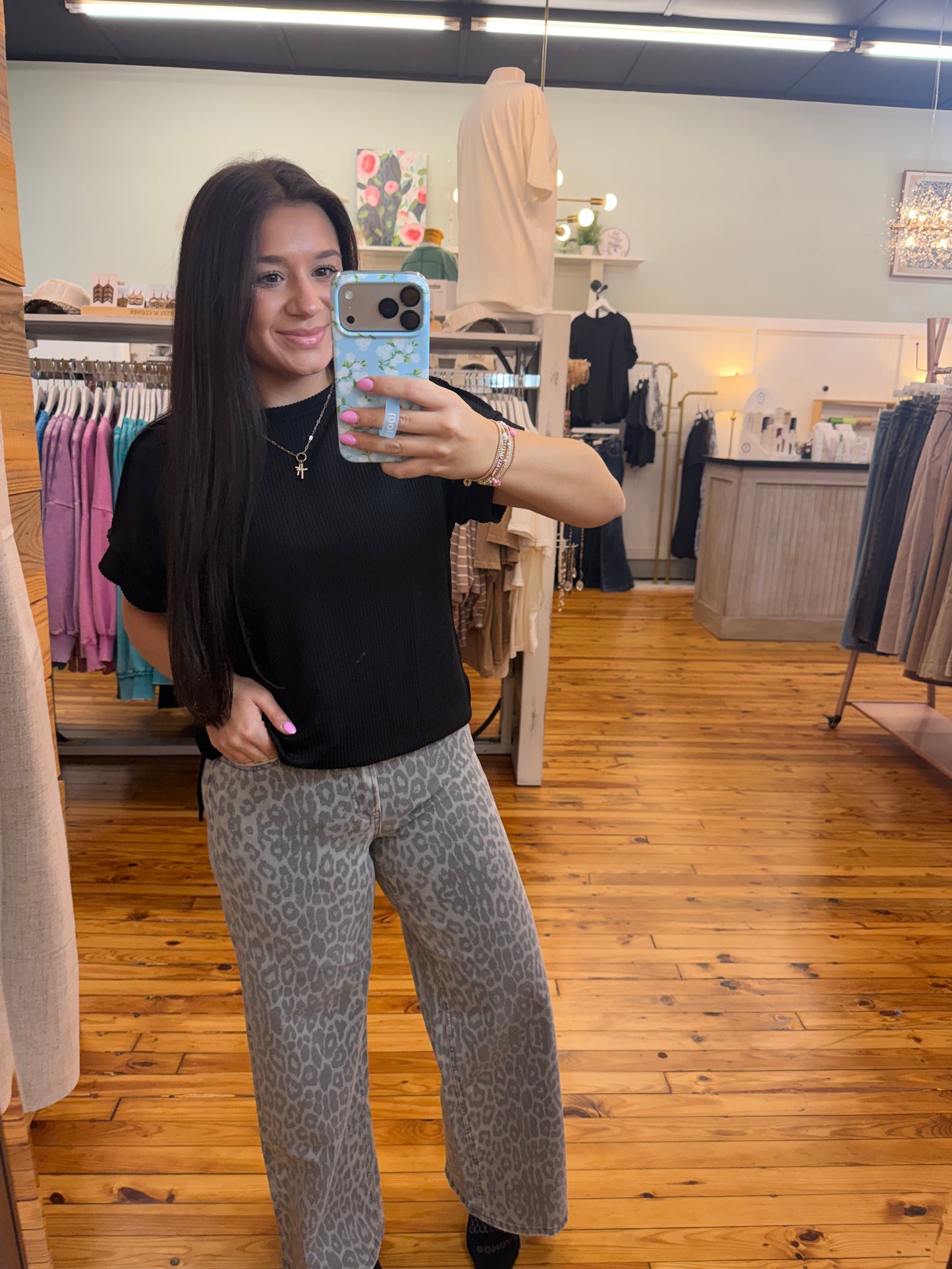 HIGH RISE GREY LEOPARD PRINT CROP WIDE LEG JEANS T7331GLP
