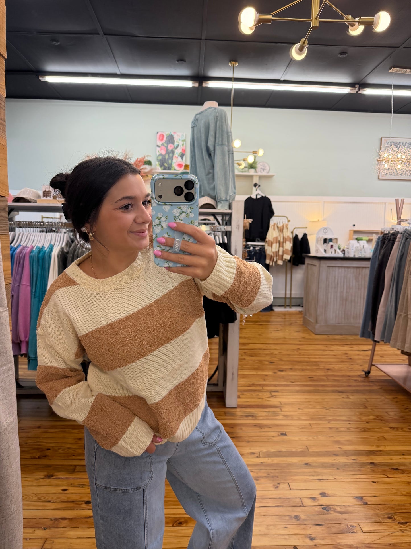 WIDE STRIPE TEXTURED LOOSE FIT SWEATER KNIT  TOP