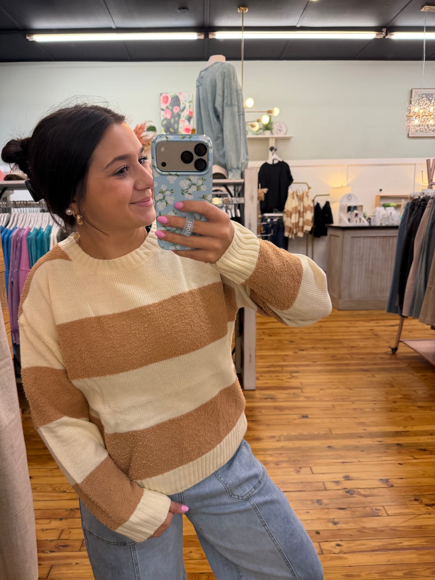 WIDE STRIPE TEXTURED LOOSE FIT SWEATER KNIT  TOP