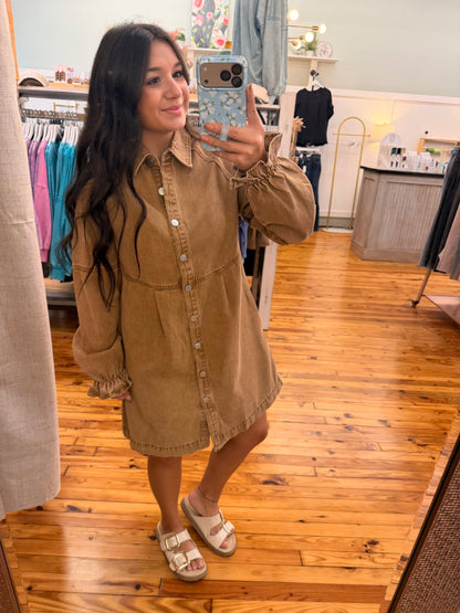 WASHED COLOR DENIM BUTTON DOWN SHIRT MINI DRESS