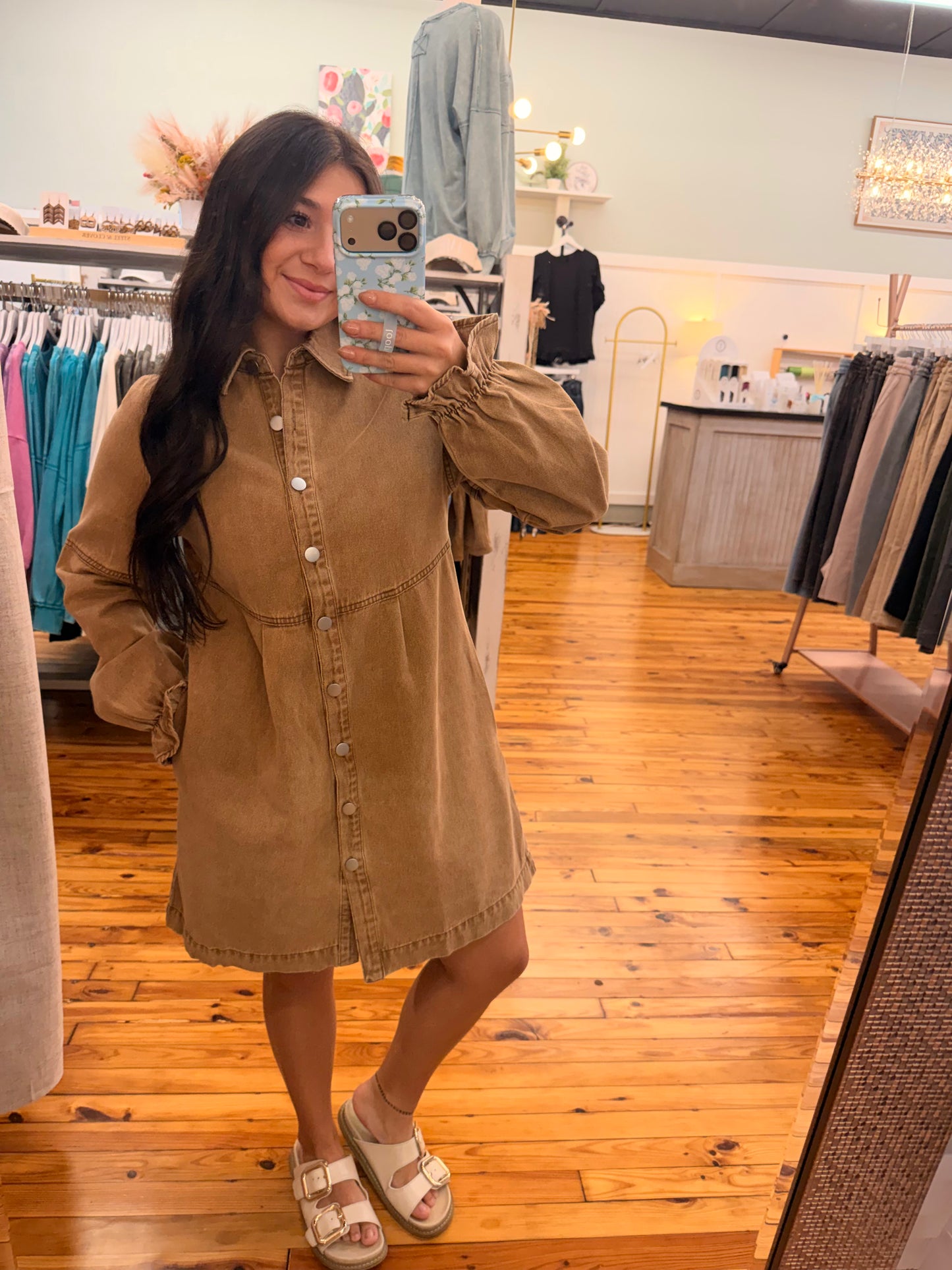 WASHED COLOR DENIM BUTTON DOWN SHIRT MINI DRESS