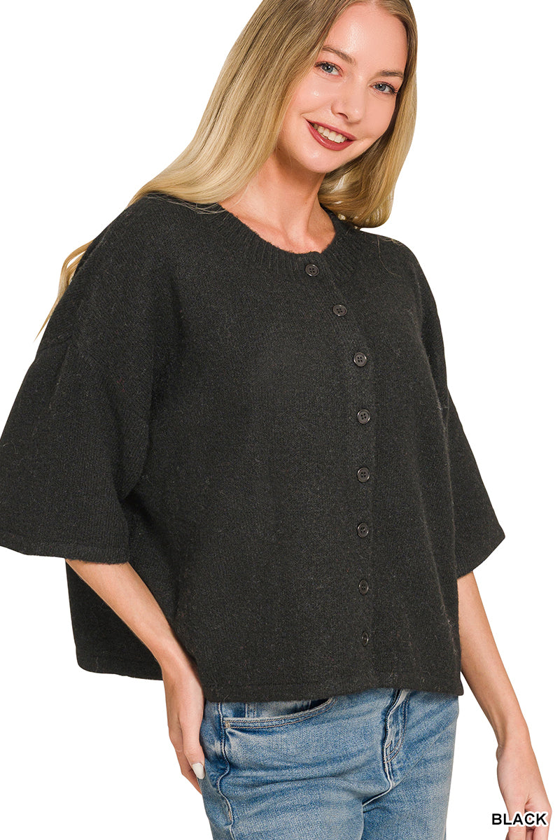 Wool Blend Half Sleeve Cardigan Sweater
