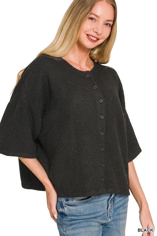 Wool Blend Half Sleeve Cardigan Sweater