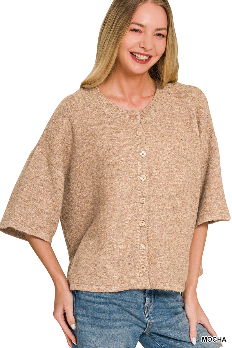 Wool Blend Half Sleeve Cardigan Sweater