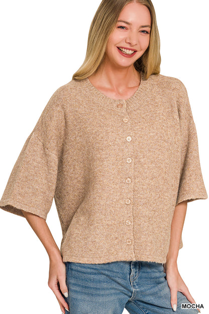 Wool Blend Half Sleeve Cardigan Sweater
