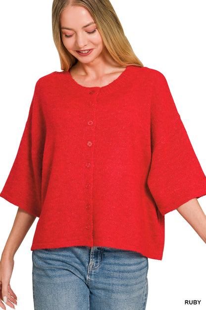 Wool Blend Half Sleeve Cardigan Sweater