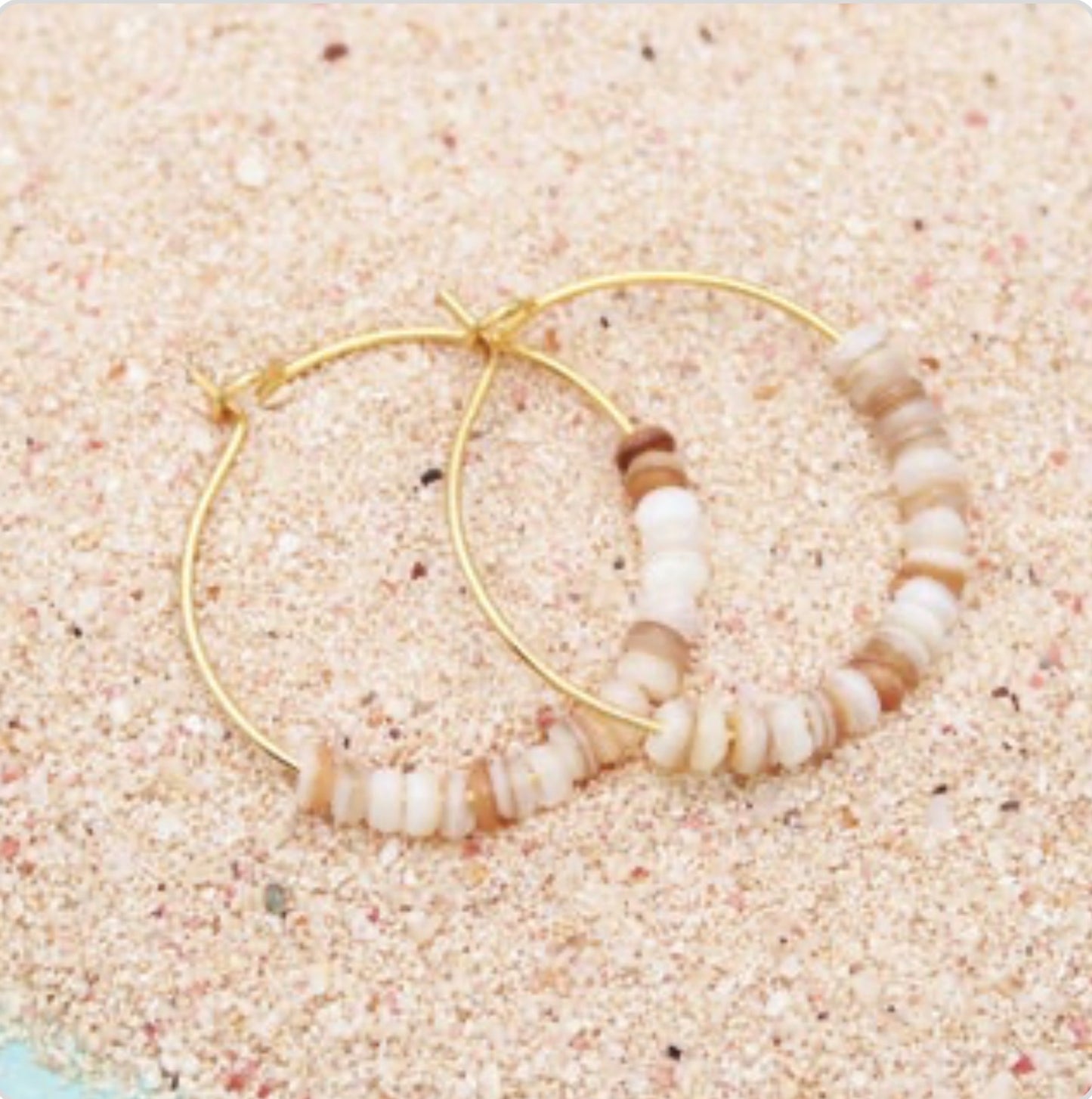 Beach Days White Bead Gold Hoop Earrings