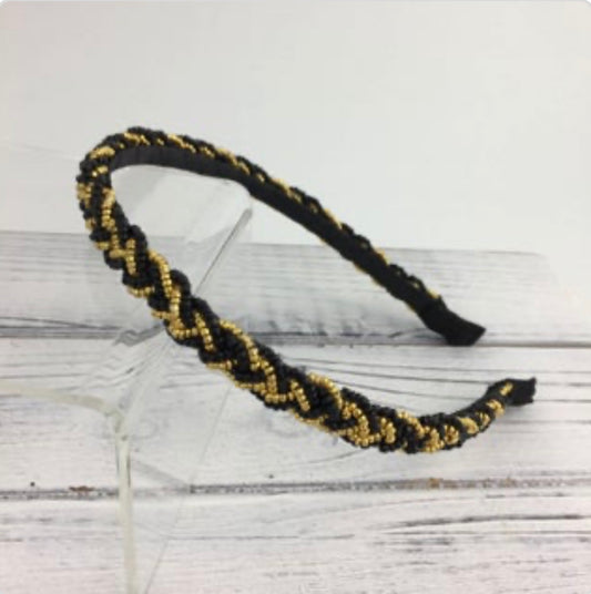 Black and gold thin beaded braided headband