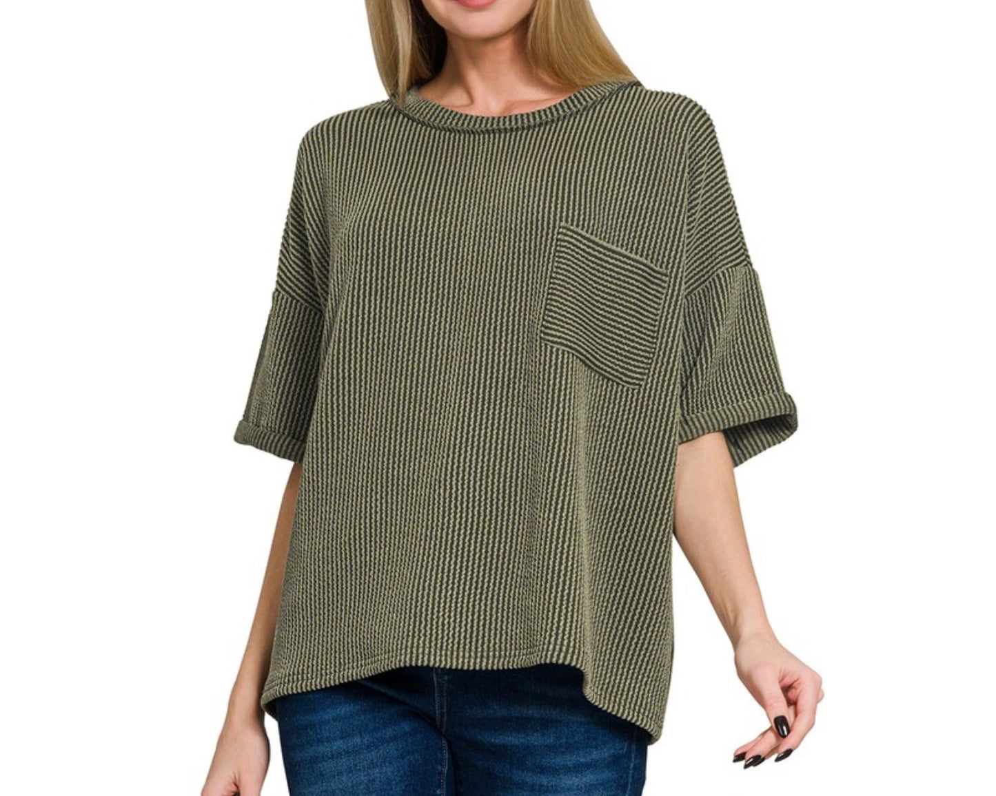 Raised Rib Short Sleeve Front Pocket Top