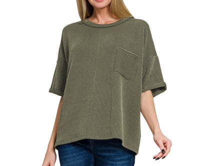 Raised Rib Short Sleeve Front Pocket Top