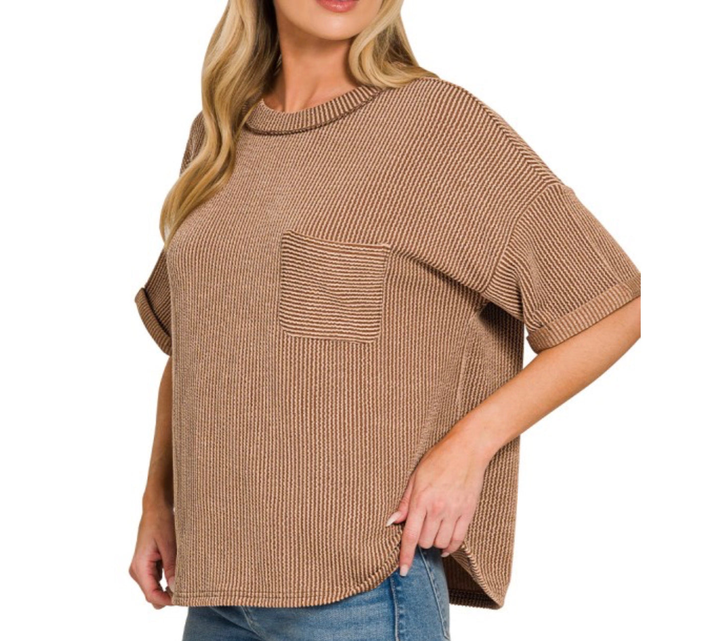 Raised Rib Short Sleeve Front Pocket Top