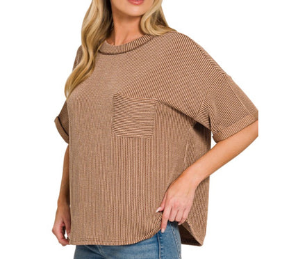 Raised Rib Short Sleeve Front Pocket Top