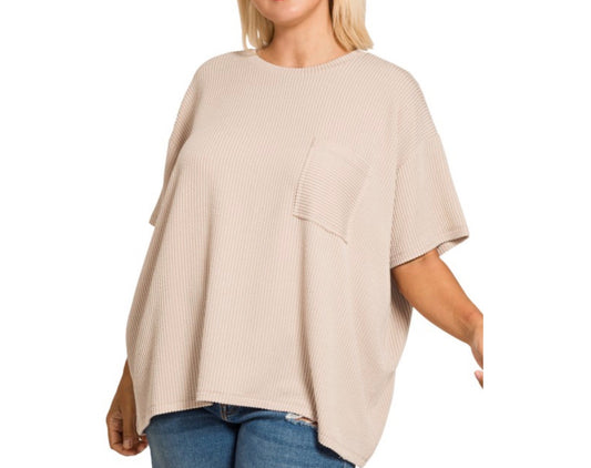 Raised Rib Plus Size Short Sleeve Front Pocket Top